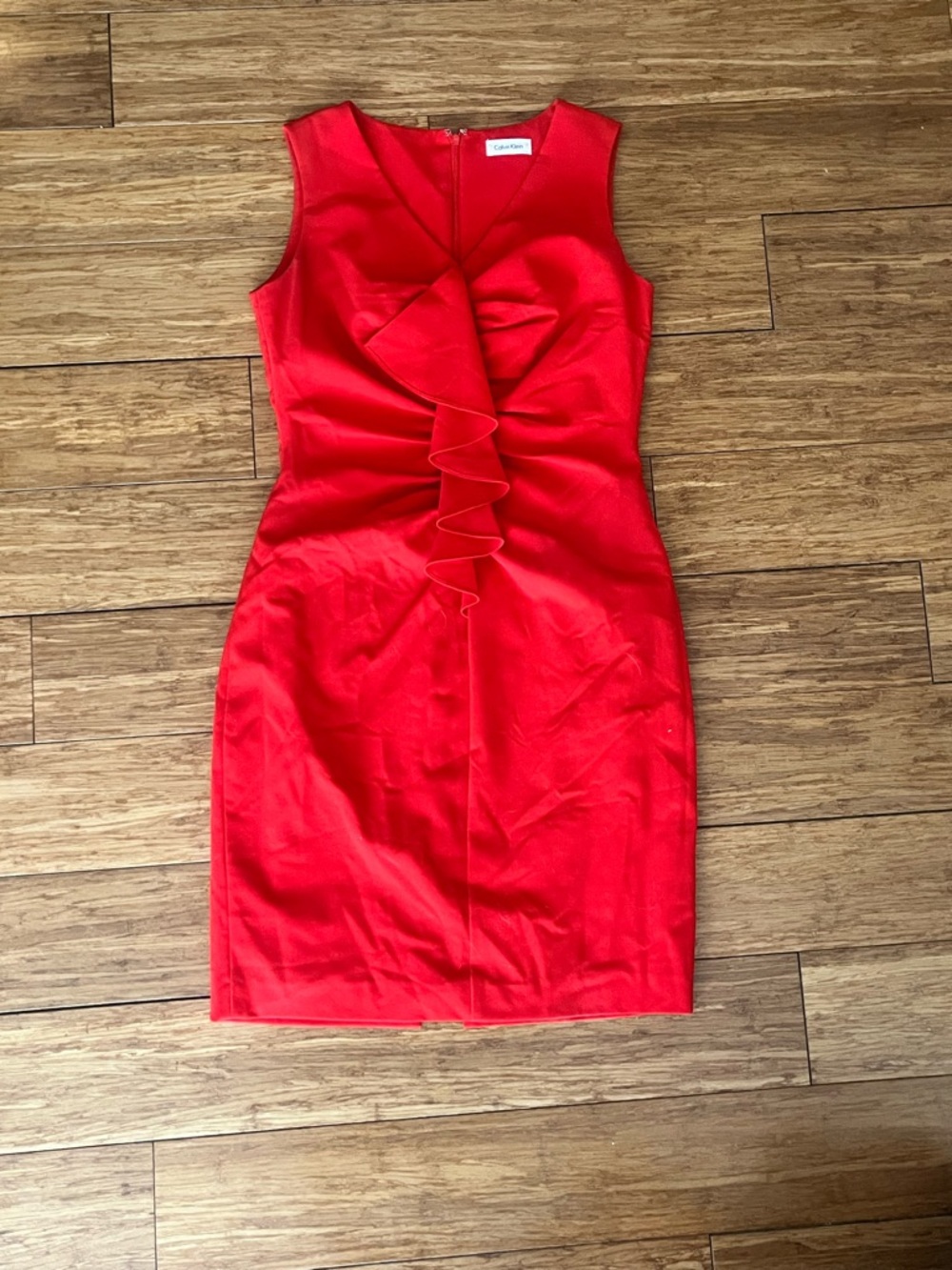 Calvin Klein Bright Red Sleeveless Ruffle-Front Midi Dress